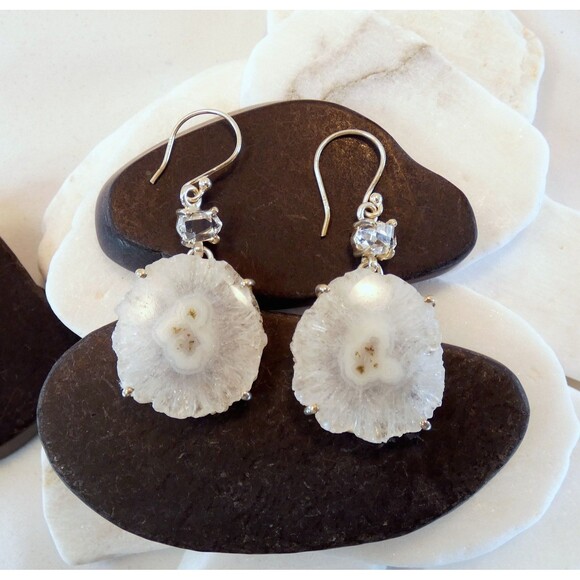 Solar Eye Quartz Water Clear Herkimer Diamond Sterling Silver Dangle Earrings - Picture 5 of 7